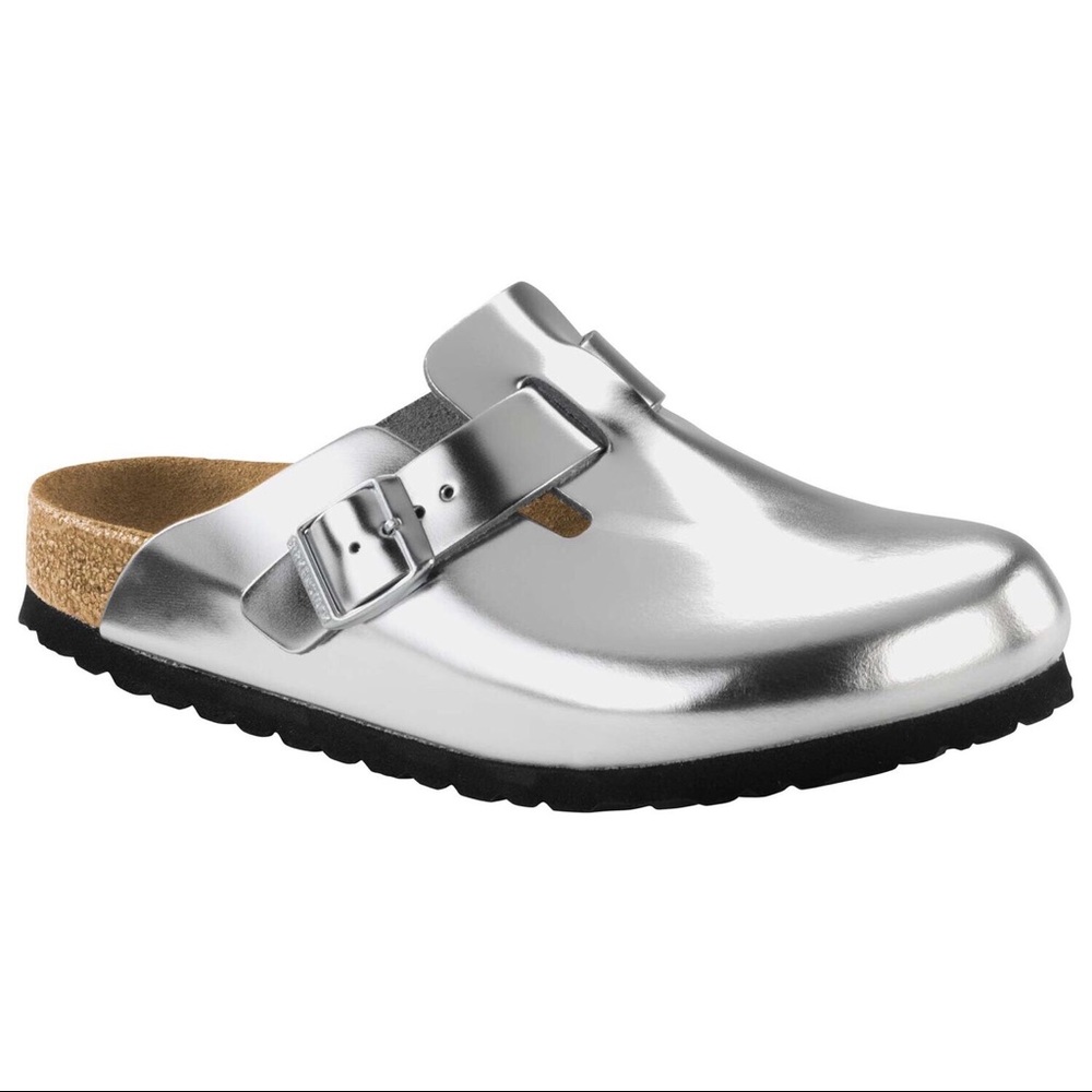 NWOT BIRKENSTOCK Boston metallic silver leather 37